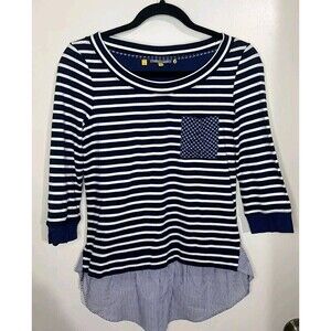 ANTHROPOLOGIE LITTLE YELLOW BUTTON Top Womens XS Navy Blue Built In Shirt Bottom